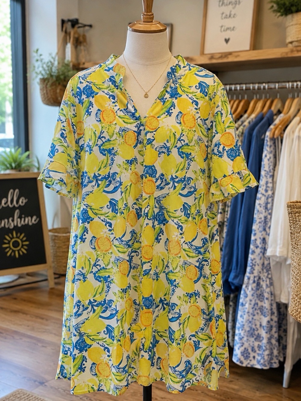 Adorable 🍊 🍋‍🟩 Lemon 🍋 Citrus Print Short Sleeve Shirt Dress